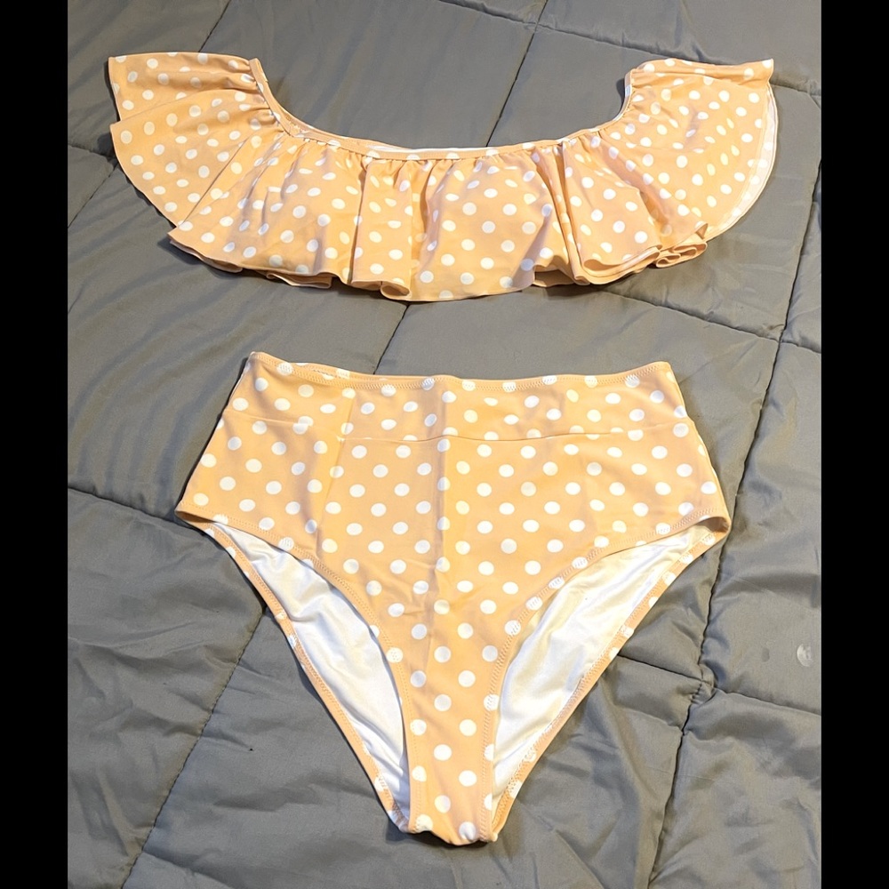 Cupshe XL off shoulder high waisted peach polka dot swimsuit